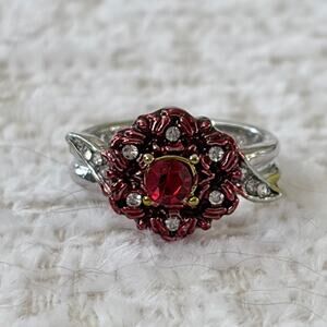 Red and Silver Flower Hidden Message Ring Size 5.5 New